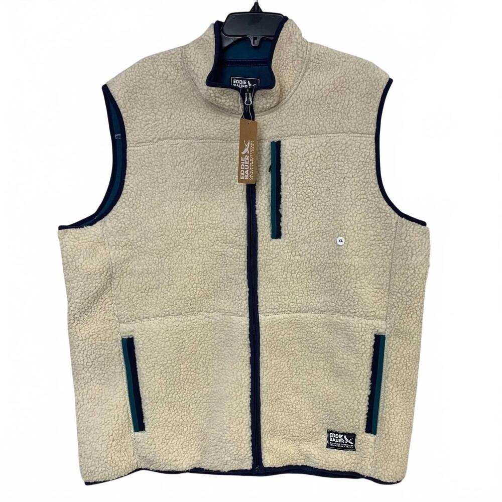 NEW EDDIE BAUER men's full zip polyester sherpa chilali vest in cream